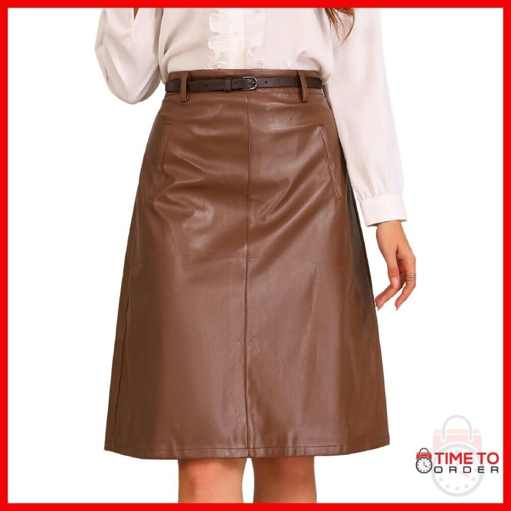 Faux Leather A-Line Midi Skirt High Waist Belted Knee Length